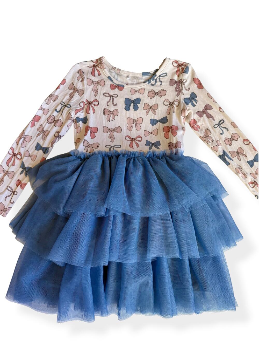 Posh Peanut 3T 4T Blue Tulle Tutu Dress Bow Print Long Sleeve